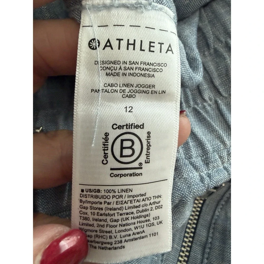 ATHLETA Cabo Tide Linen Jogger Sz 12 Travel Resort 100% Linen Pant Blue #FFF6-4